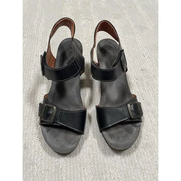 Taos Buckle Up black leather & cork ankle strap wedge sandals size US 8-8.5 (39) - Picture 2 of 8